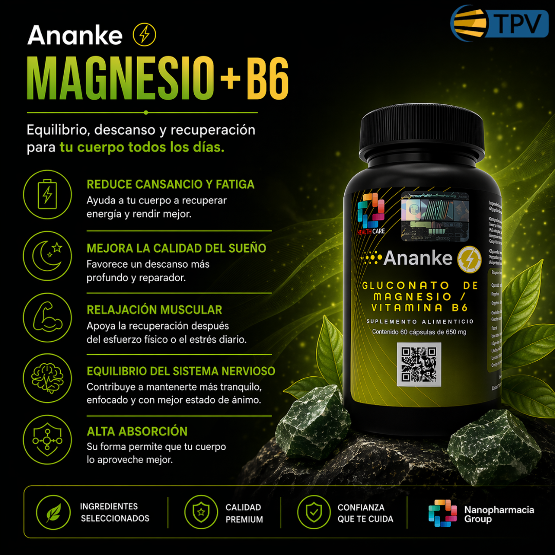 Ananke: Gluconato de Magnesio y Vitamina B6 Cápsulas | Apoyo al Descanso, Función Muscular y Energía