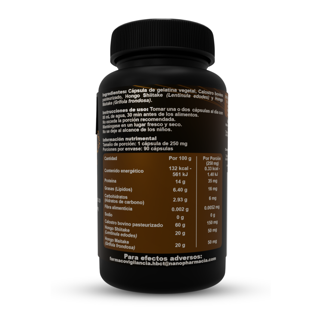 suplemento de Calostro bovino y hongos shitake y maitake en capsula