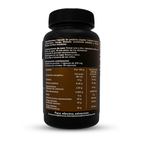 suplemento de Calostro bovino y hongos shitake y maitake en capsula